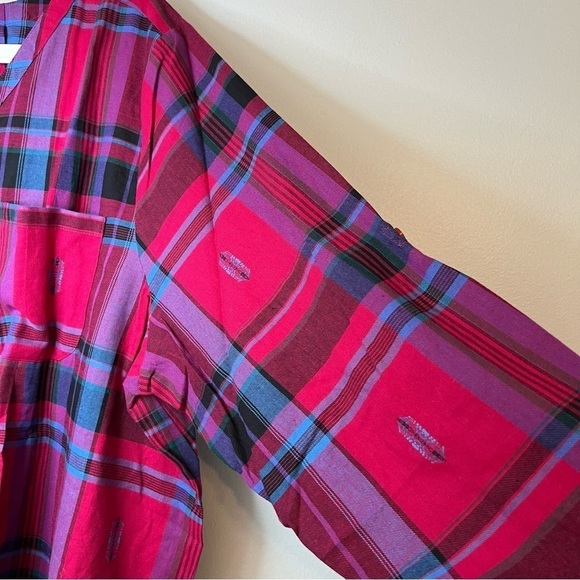 Roaman's Women's Button Up Shirt Tunic Plaid Roll Tab V Neck 22 Asymmetrical Hem - Picture 5 of 15